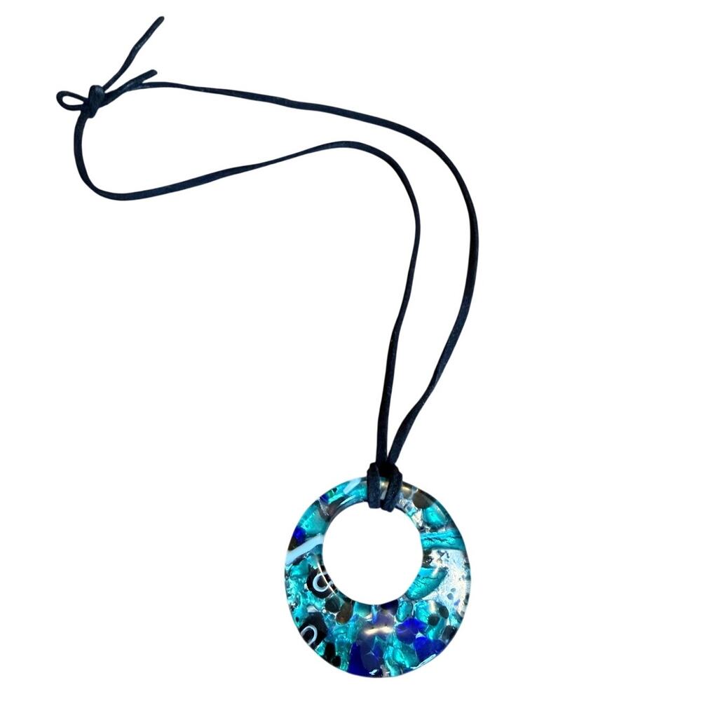 Art Glass Donut Pendant Necklace Blue Turquoise Black Suede Cord Handmade Style